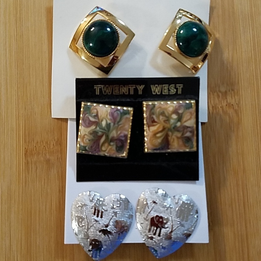 Vintage Lot of Pierced Earrings 3 Pairs Silver Heart  Green Doom Beige Abstract